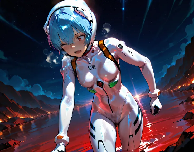 solo,super detail eyes, perfect face, Best Quality, extremely detailed face, perfect lighting, extremely detailed CG, perfect hands perfect anatomy, evangelion art style, White plugsuit, skintight, tight fit, small breast, Rei Ayanami, red eyes, blue hair,...