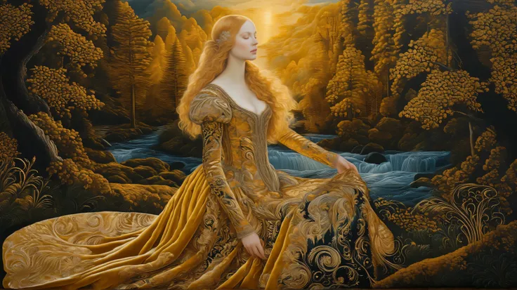 Golden hour forest landscape, velvet, embroidery, renaissance, lucas cranach oil on wood, oil on canvas, hyperdetailed, swirling flowing golden velvet dress and golden hair, whirlwind of golden sunlight and gold velvet    