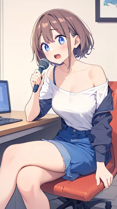 1girl podcast microphone sitting