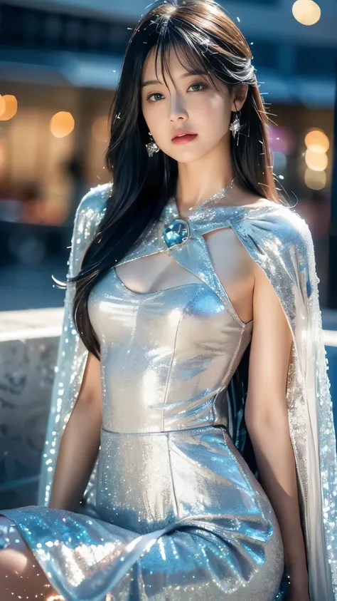 8K, UHD, Masterpiece, 1 girl, ((slim body)), ((small breasts)), good face, detailed eyes, detailed lips, very long hair, beautiful hairstyle, ((glitter dress)), ((decorated skirt)), ((shining dress)), ((silver dress)), ((silver glitter lace)), ((mesh cape)...
