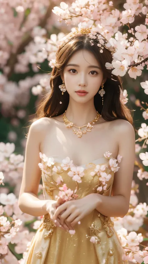 4K, Ultra HD, Masterpiece, 1 girl, (good face:1.4), detailed eyes, very long hair, princess dress, (golden dress:1.5), ((loops:1.4)), (jwellery:1.5), (cherry blossom:1.5), (bloom effect:1.5), Detailed Fantasy Art, Stunning Character Art, beautiful Exquisit...