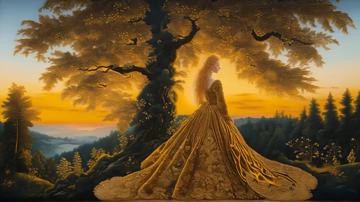 Golden hour forest landscape, velvet, embroidery, renaissance, lucas cranach oil on wood, oil on canvas, hyperdetailed, swirling flowing golden velvet dress and golden hair, whirlwind of golden sunlight and gold velvet    