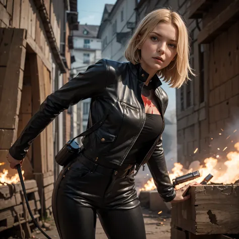 blonde Frau, War photographer with a camera , liegt am Boden, Very bright light from the front on the leather jumpsuit, liegt am Boden, Blood on her shiny leather jumpsuit and face, Leather jumpsuit shines very bright from the front. war scene on bright d...