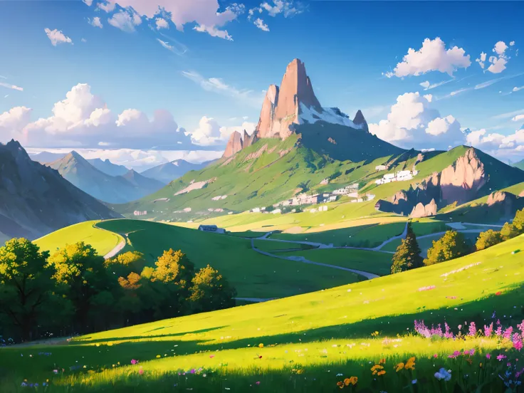 A bright fantasy world view from the edge of the hill,, See a wide meadow below,, , there are high, pointed mountains in the middle, and forests all around., There are scattered trees around