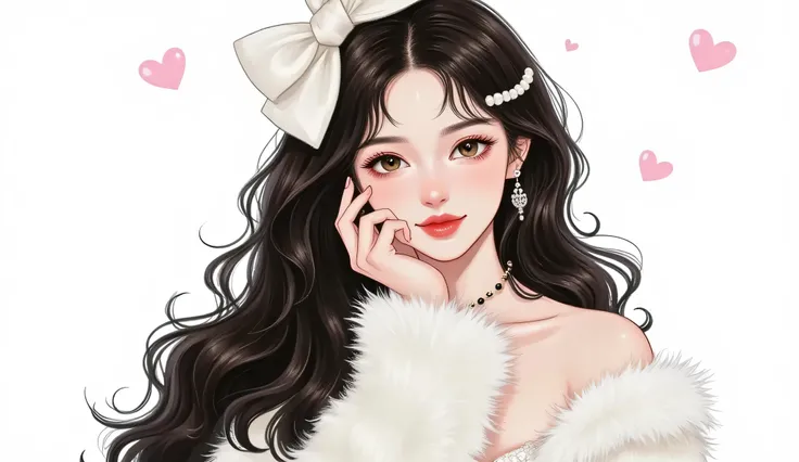 a glamorous young woman with long black hair and cold eyes, wearing a luxurious white outfit, soft douyin-style makeup, close-up portrait, looking down slightly with a disdainful expression --v 6 --ar 2:3 --style manhwa --style semi-realistic