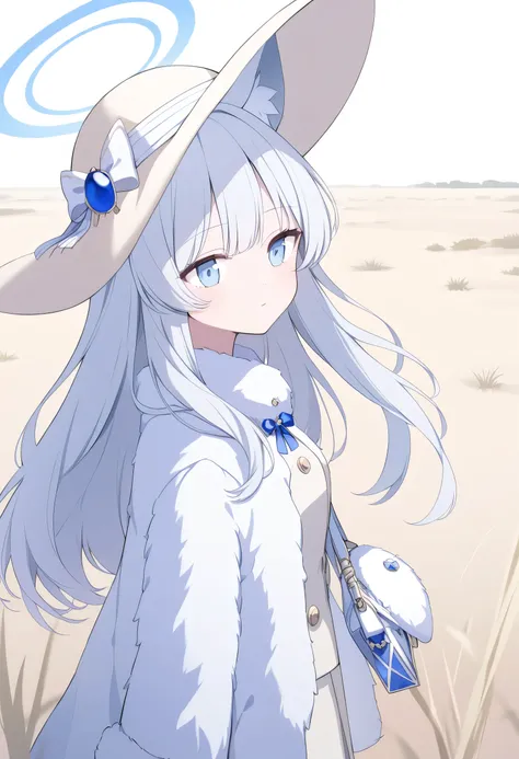 girl,long silver hair, blue halo,Blue Eyes, gray wolf ears,white mink fur plush coat,sapphire,White small handbag,beige stockings, white boots,White sun hat, calyx bell ,Savannah,calm expression,Looking closely into the distance,alone,No animals