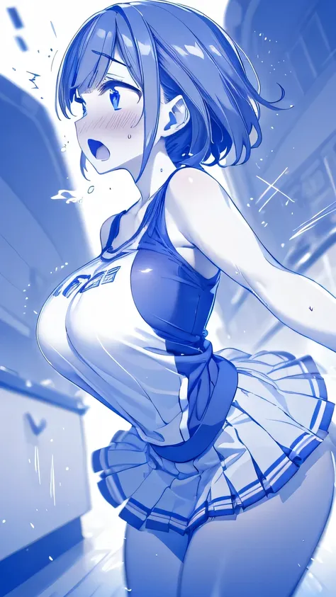 Violently bouncing breasts, Asymmetrical breasts,(line of movement, motion blur), 1 woman male Cheerleader open_Big Mouth Big Breasts bouncing chest Onomatopoeia Cheek dye_Breasts Hetero Serious Big Breasts_chest miniskirt sweat Steam Kiss Blush dynami...