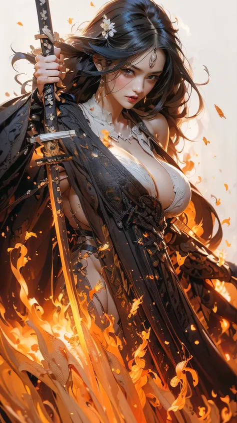 masterpiece,Picture,Top quality,8k,Highest image quality,ultra-detailed,super detailed skin,perfect anatomy,detailed,official art,young woman,1girl,warrior,( wielding a Japanese yari spear with great force:1.6),(from front),(Battle Poses),(Swinging a sword...