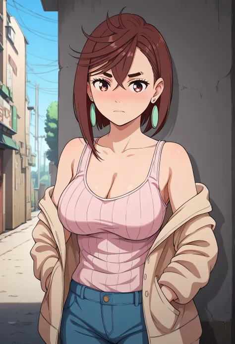 momo ayase, short hair, brown hair, brown eyes, bangs, thick eyebrows, large breasts,best quality, Beneath a flickering neon sign in an abandoned market alley, stands in a short leather bolero jacket worn open over a sleeveless ribbed knit top with a soft...