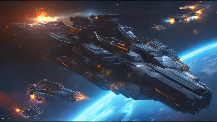 a close up of a spaceship flying through space with a star in the background, star citizen digital art, world of war spaceships, star citizen concept art, an epic space ship scene, sci - fi spaceship in combat, wide shot of a spaceship battle, an epic spac...