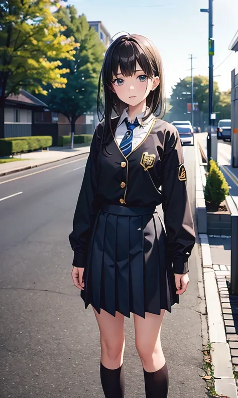austere, There is a high possibility during the day, uniform in front of the high school gate, adorned with gold buttons, probably going out after school, Their skirts are knee-length and pleated, suggests a suburban or rural environment, tree, I'm hanging...