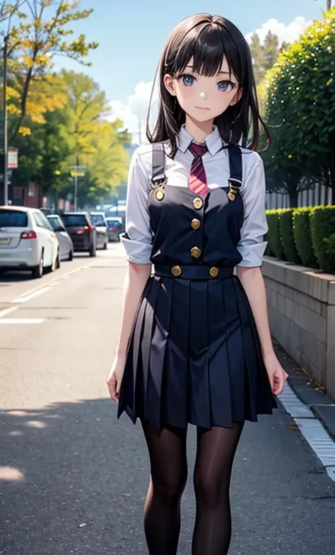 austere, There is a high possibility during the day, uniform in front of the high school gate, adorned with gold buttons, probably going out after school, Their skirts are knee-length and pleated, suggests a suburban or rural environment, tree, I'm hanging...