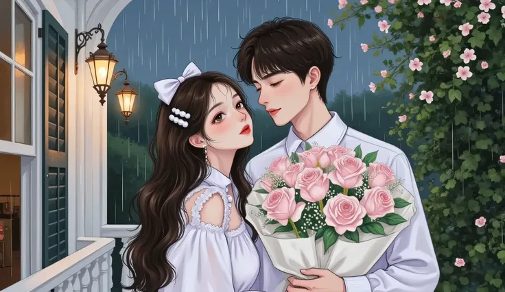 a cold rich girl in a white dress standing under a porch, looking down with a distant gaze, next to her is a handsome rich boy with an aloof expression, both with close-up composition (closer to face), background: luxurious mansion, dramatic lighting, semi...