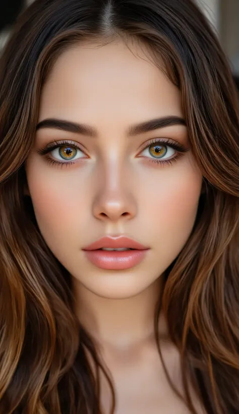 A hyper-realistic portrait of a 25-year-old woman with a warm complexion, featuring large, expressive hazel eyes that sparkle with confidence and allure. Her thick, softly arched eyebrows frame her face with a natural elegance. Her full lips, lightly gloss...