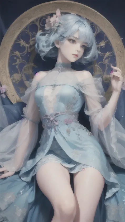 Very pretty and mysterious oriental woman, , masterpiece, perfect work, super realistic, perfect head to knee photo, light blue lace, pink chiffon, floral embroidery, pink frills, transparent fashion, mini skirt with layers of light blue frills, white lace...