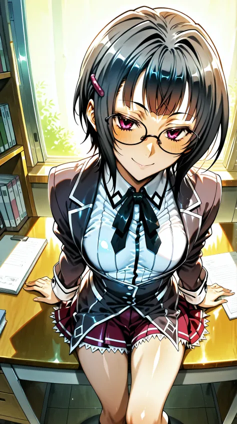 Sona Sitri, siting on office table, school uniform, glasses, smiling, upturned look, seductive, slim, sexy, medium chest, short hair, high school DxD, high perspective, young Sona Sitri, sitting ON table