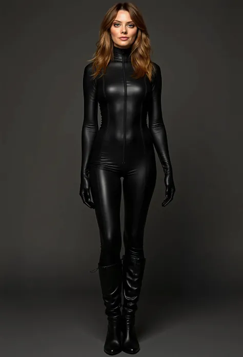 Ultrarealistic picture woman, 4K, NSFW highly detailed scene, full body, hyperealistic, sexy pose, brownish blonde hair, hairstyle middle parted. Slender tall Hourglass body, wide hips, perfect curvy legs. Wearing plain tight spandex SHINY black catsuit fu...