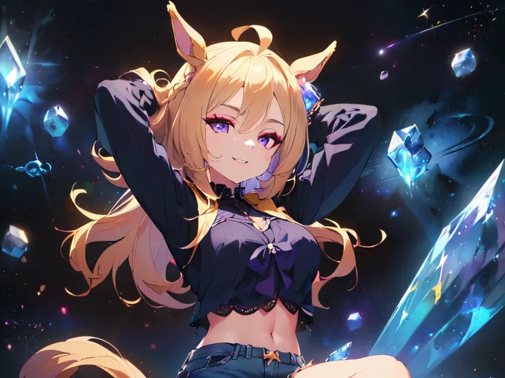 (Solo, Alone, Little Sister Attribute, Clothes that hide breasts, Short, Short arms, Smooth skin, Cute face, Purple eyes, Horse ears, No ears, Blonde, Super long wavy hair, Spiky hair, Ahoge, Navel baring, Black clothes, Black long sleeve jacket with lace ...