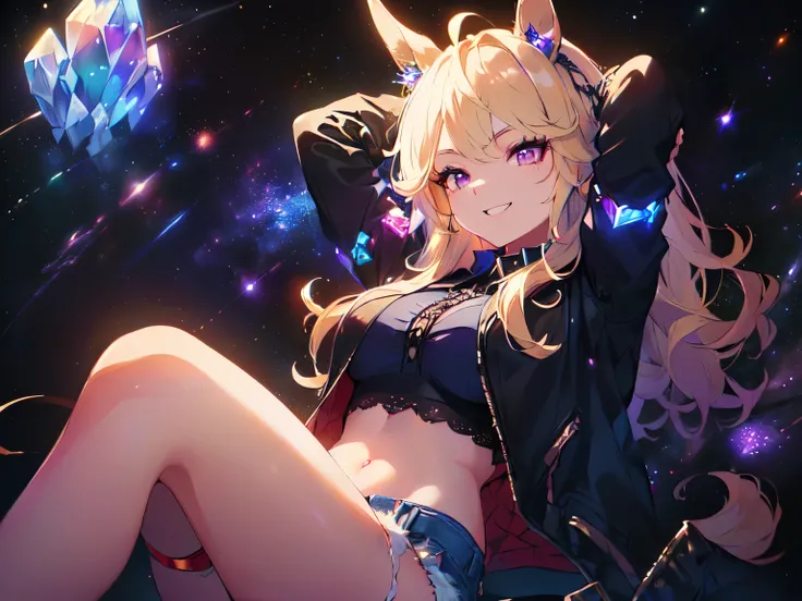 (Solo, Alone, Little Sister Attribute, Clothes that hide breasts, Short, Short arms, Smooth skin, Cute face, Purple eyes, Horse ears, No ears, Blonde, Super long wavy hair, Spiky hair, Ahoge, Navel baring, Black clothes, Black long sleeve jacket with lace ...