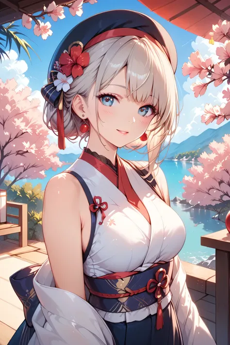 ( de haute qualité fait de paille)(artistique  )  outside, Beautiful Woman Under Hood(Beret  )、Cherry Blossom Alley、