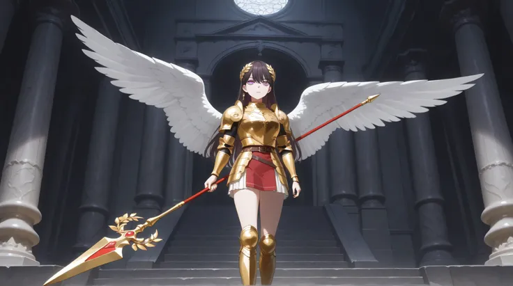 one girl,  is the side of the band :1.2, whole body ,shiina taki, MyGO, long hair, black hair ,purple eyes, mole under eyes, golden laurel wreath, red and golden armor, gold boots, Holding a spear, spear with thunder, short skirt, angel wings, marble templ...