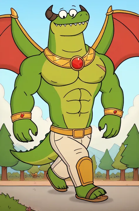 a green giant bad muscular dragon with green scales, 2 big wings, horns, sharp teeth, sharp claws, golden belly, golden armor, golden bracelets with colorful jewels, golden necklaces with colorful jewels, golden crown with colorful jewels, golden belt with...