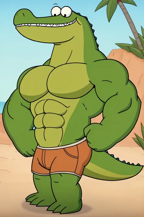 A gigantosaurus rex, g-rex, green giant strong dinosaur, green scales skin, golden chest, abs, long tail, full body, giant size, macro size, 50-foot size, lush jungle background, blue sky background, wearing ripped orange shorts, happy expression, biggest ...