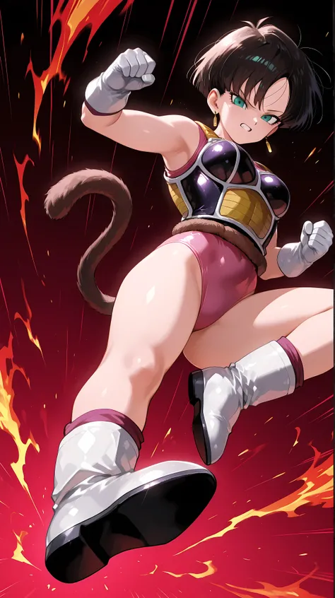  fasha, 1girl, saiyan armor, gloves, boots, short hair, monkey tail, pink leotard, earring,female saiyan,rider kick
Mature woman. Tall woman.Clenching teeth.. Small face.. Woman with intense aura on her body. Dragon Ball Battle Style
 rider kick , flying k...