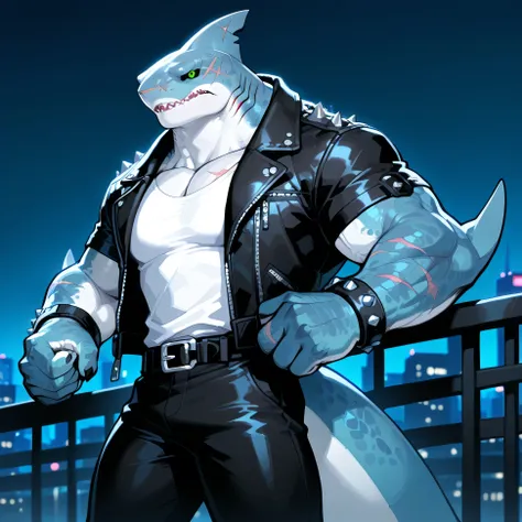 masterpiece, best quality, night city, solo, male, deepblue shark, sharkman, black sclera, green eye, Muscle, wide chest, beefy, thick scales on arms, fins on arms, scar on one's nose, bulky body, big tail, white shirt, black pants, black belt, black padde...