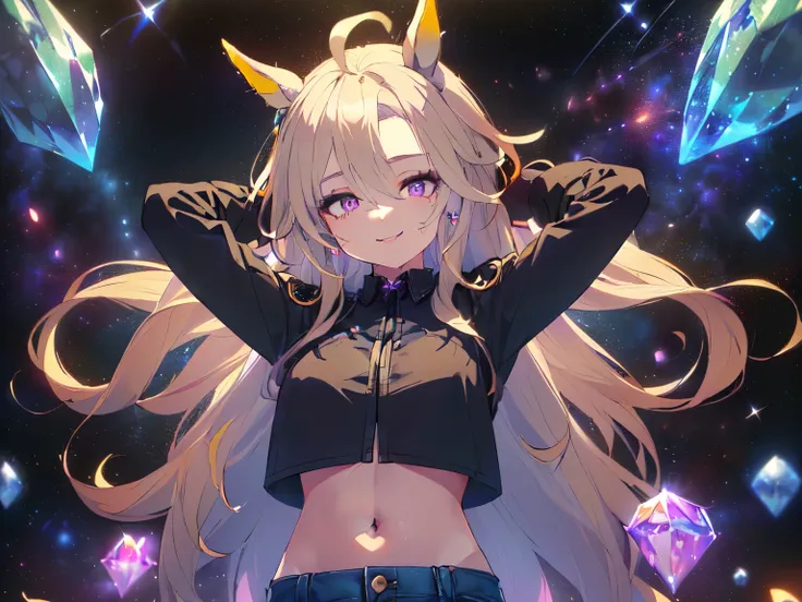 (Solo, Alone, Little Sister Attribute, Clothes that hide breasts, Short, Short arms, Smooth skin, Cute face, Purple eyes, Horse ears, No ears, Blonde, Super long wavy hair, Spiky hair, Ahoge, Navel baring, Black clothes, Black long sleeve jacket with lace ...