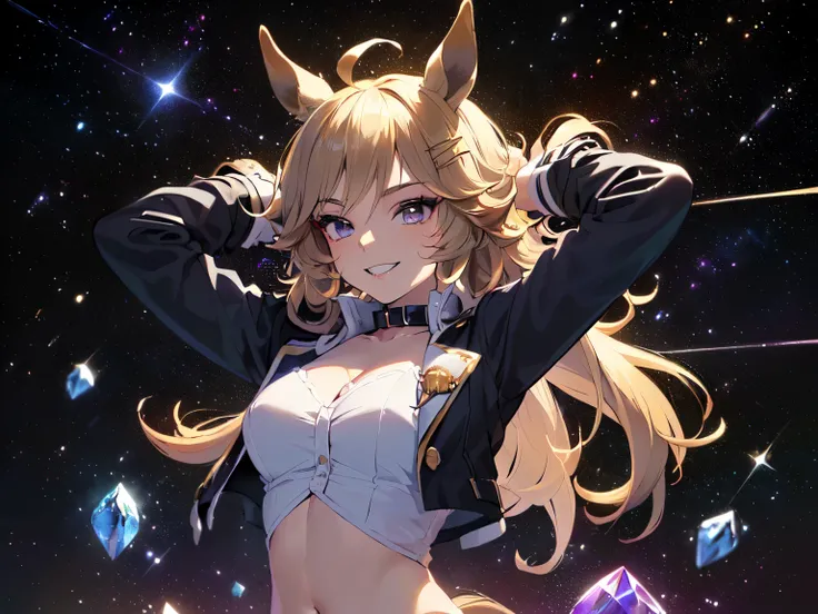 (Solo, Alone, Little Sister Attribute, Clothes that hide breasts, Short, Short arms, Smooth skin, Cute face, Purple eyes, Horse ears, No ears, Blonde, Super long wavy hair, Spiky hair, Ahoge, Navel baring, Black clothes, Black long sleeve jacket with lace ...