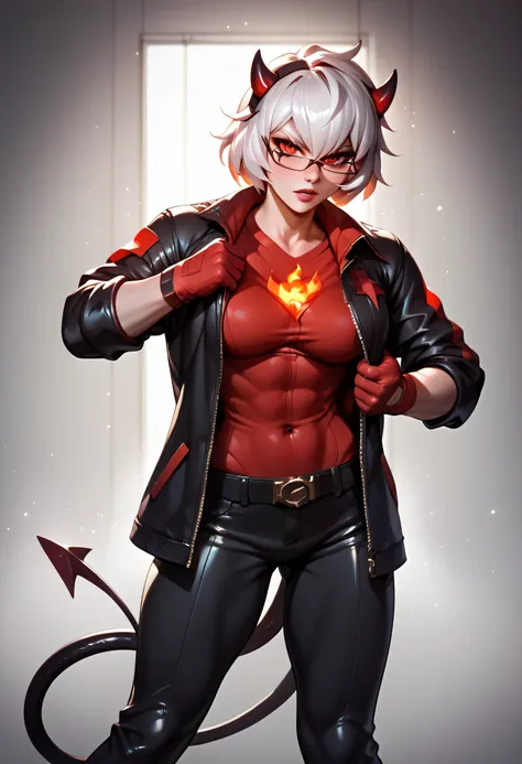 Malina in a power suit with no undershirt, jacket barely covering her chest, sleeves rolled up, standing in a hellish boardroom, red-glowing contracts in one hand, stylish glasses, tail swaying like a pendulum, hellfire skyline seen through floor-to-ceilin...