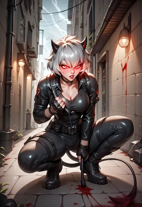 Malina in black leather tactical gear, crouched in a ruined demon city alley, low cleavage armor, glowing eyes peering through rain and smoke, whip in hand, tail raised in tension, blood-red lightning flashing above, alluring and lethal presence
