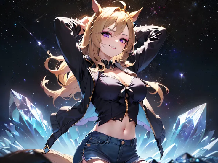 (Solo, Alone, Little Sister Attribute, Clothes that hide breasts, Short, Short arms, Smooth skin, Cute face, Purple eyes, Horse ears, No ears, Blonde, Super long wavy hair, Spiky hair, Wearing a tiara, Ahoge, Navel baring, Black clothes, Black long sleeve ...