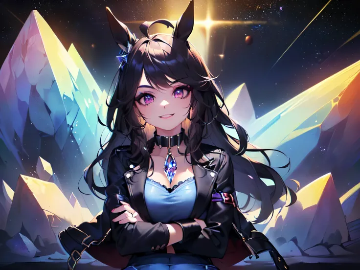 (Solo, Alone, Little Sister Attribute, Clothes that hide breasts, Short, Short arms, Smooth skin, Cute face, Purple eyes, Horse ears, No ears, Black hair, Super long wavy hair, Spiky hair, Wearing a tiara, Ahoge, Navel baring, Black clothes, Black long sle...