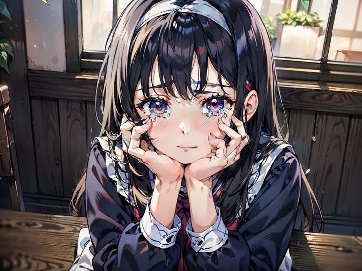 (1 Woman:1.4), 8-head body, 8k, Top quality, masterpiece, super details, ultra high definition, realistic, RAW photo , absolute resolution, dark haired, on the table, animated 2D rendering, realistic若いアニメの女子高生, (White Headband:1.4), purple eyes, Small Breasts, tall, hanging eyes, (cafe scene), bright color, long straight hair, Broken Heart, (is shedding tears:1.4), 