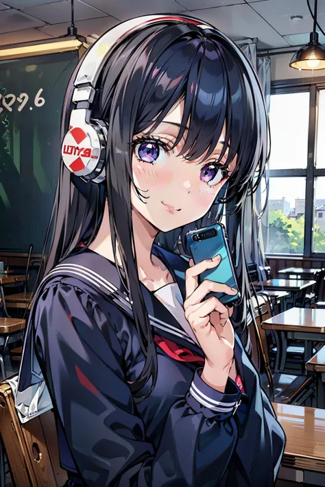 (one woman:1.4), 8-head body, 8k, Top quality, masterpiece, super details, ultra high definition, realistic, RAW photo , absolute resolution, dark haired, (High school girl in a dark blue sailor suit:1.4), animated 2D rendering, realistic若いアニメの女子高生, purple eyes, Small Breasts, tall, hanging eyes, (cafe scene), bright color, long straight hair, Smiling, (Listening to music with white headphones:1.4), ( holding a smartphone in his hand:1.4), 