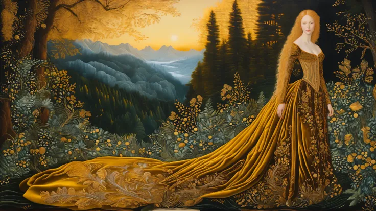 Golden hour forest landscape, velvet, embroidery, renaissance, lucas cranach oil on wood, oil on canvas, hyperdetailed, swirling flowing golden velvet dress and golden hair, whirlwind of golden sunlight and gold velvet    