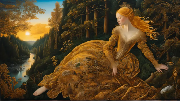 Golden hour forest landscape, velvet, embroidery, renaissance, lucas cranach oil on wood, oil on canvas, hyperdetailed, swirling flowing golden velvet dress and golden hair, whirlwind of golden sunlight and gold velvet    