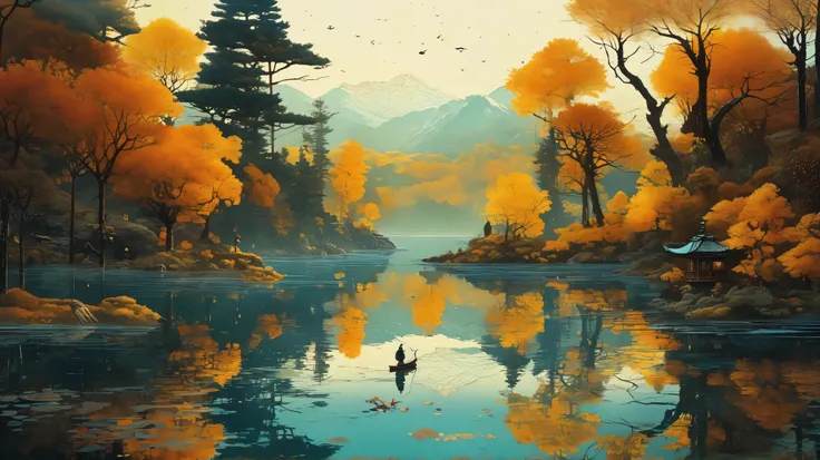 Reflections in a lake. highly detailed, intricate motifs, watercolor and golden ink. Beautiful shades of complementary colors. By Yoshikata Amano, Andy Kehoe, Ismail Inceoglu, Victo Ngai. Chiaroscuro. hyperdetailed 8K resolution, perfect quality
