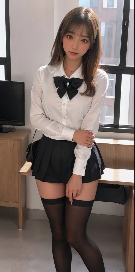(Top quality, 8k, high resolution, masterpiece:1.2), 非常にdetailsな, (Genuine, Realな, Realな:1.3), Bustling city, ear piercing, Gull Makeup, blue bow tie school uniform, ((Blonde)), Gold Necklace、Gold Bracelets, gold chain, (3D Modeling:1.2), empty office, in ...