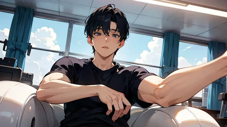 two Japanese men are already getting entangled in the Two handsome guys very short black hair Large glazed room I can see the blue sky Ultra Futuristic 床も天井もLarge glazed room private gym looking at camera Composition viewed from an open crotch Wor...
