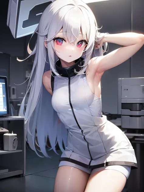 masterpiece, BREAK abyssal ship, Shining Eyes, BREAK (white Long hair:1.2), (pale skin:1.3), BREAK (young girl:1.5), (baby face:1.2), (short stature:1.2), BREAK Armpit, nude, BREAK (Attractive armpits:1.3), BREAK (hands behind head:1.4), BREAK (young girl:...