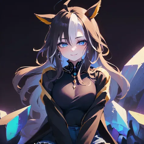 (Solo, Alone, Little Sister Attribute, Clothes that hide breasts, Short, Smooth Skin, Cute Face, Blue Eyes, Horse Ears, No Ears, Black Hair, Super Long Wavy Hair, Spiky Hair, Wearing Tiara, Ahoge, Navel Bare, Black Clothes, Black Long Sleeve Jacket with La...