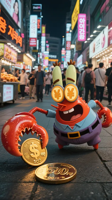 Mr. Krabs discovering a shiny 500-won Korean coin on a busy Myeongdong street, his eyes turning into giant coin symbols as he greedily snatches it up with his large claw. Neon signs for cosmetic shops and street food vendors illuminate the crowded scene.
