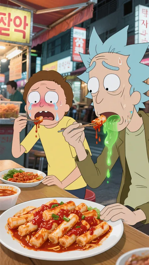 Morty comically struggling to eat a particularly spicy plate of tteokbokki (spicy rice cakes) at a street food stall, his face flushed and tears welling up in his eyes. Rick, beside him, nonchalantly eats the same dish with no reaction, occasionally belchi...
