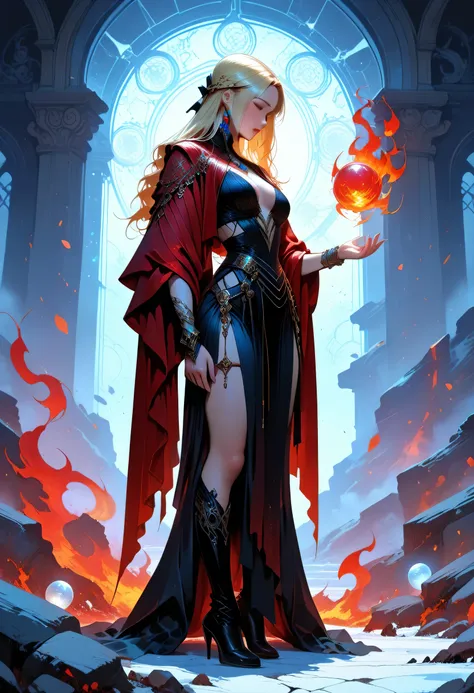 a sorceress casting a ice spell in magical library, exquisite beautiful human woman, blond hair, long hair, dark colorful dress, intricate dress, silk dress, small cleavage,  red cloak, high heeled boots,  high details, best quality, 16k, ultra detailed, m...