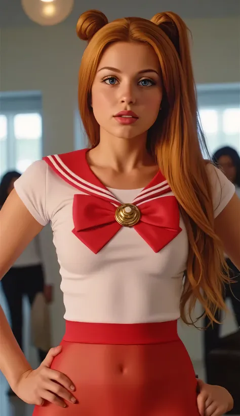 (SFW:1.4) (all audiences) (no nudity) a lifelike very young looking 18-year old American ginger Sailor Moon, sxvnr, full body lifelike photo, (wearing skimpy tight Sailor Moon cleavage costume and sheer to waist shiny fawn-color pantyhose:1.4), shortstack,...