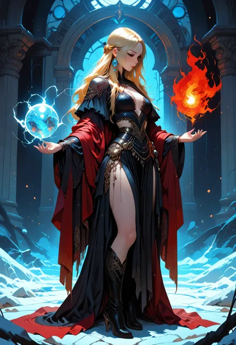 a sorceress casting a lightning spell in magical library, exquisite beautiful human woman, blond hair, long hair, dark colorful dress, intricate dress, silk dress, small cleavage, red cloak, high heeled boots, high details, best quality, 16k, ultra detai...