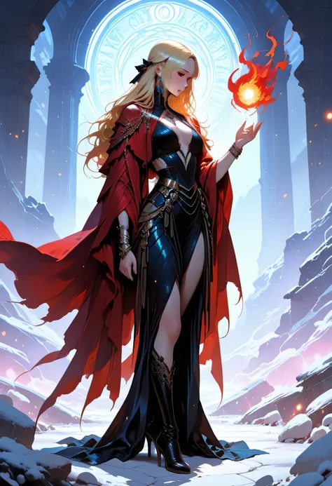 a sorceress casting a lightning spell in magical library, exquisite beautiful human woman, blond hair, long hair, dark colorful dress, intricate dress, silk dress, small cleavage, red cloak, high heeled boots, high details, best quality, 16k, ultra detai...